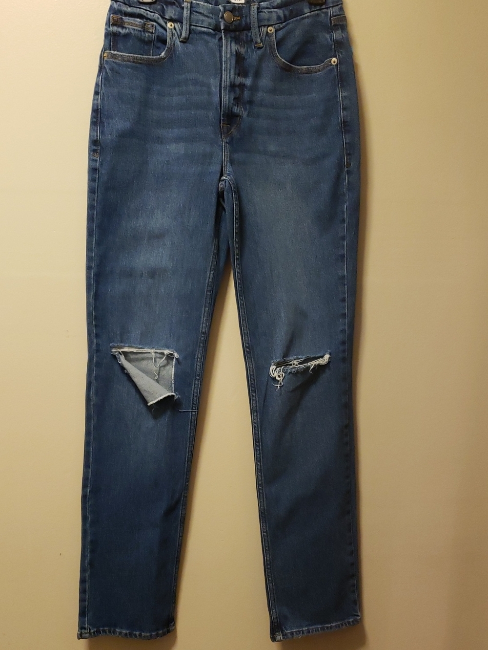 Good American Mid Blue Distressed Straight-Leg Jeans
